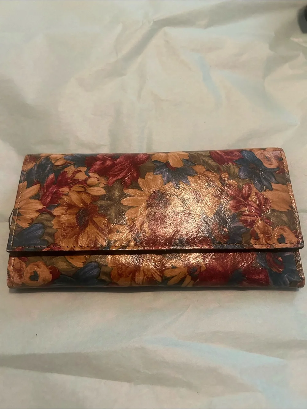 Patricia Nash Floral Fold-Over Leather Clutch Wallet in Red, Gold, Blue